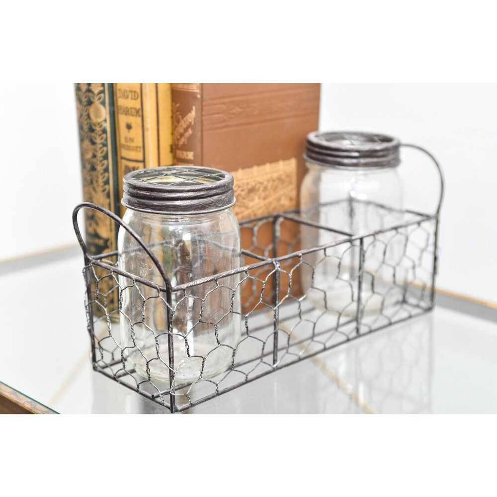 Farmhouse Chicken Wire Caddy with 2 Mason Jars & Flower Frog Lids Rustic Kitchen